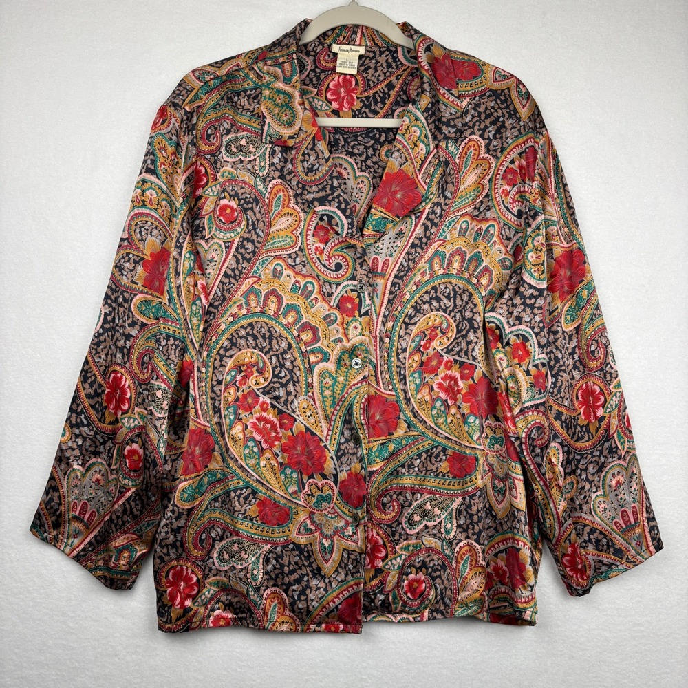 Neiman Marcus Silk Shirt Womens Large Paisley Button Front Long Sleeve